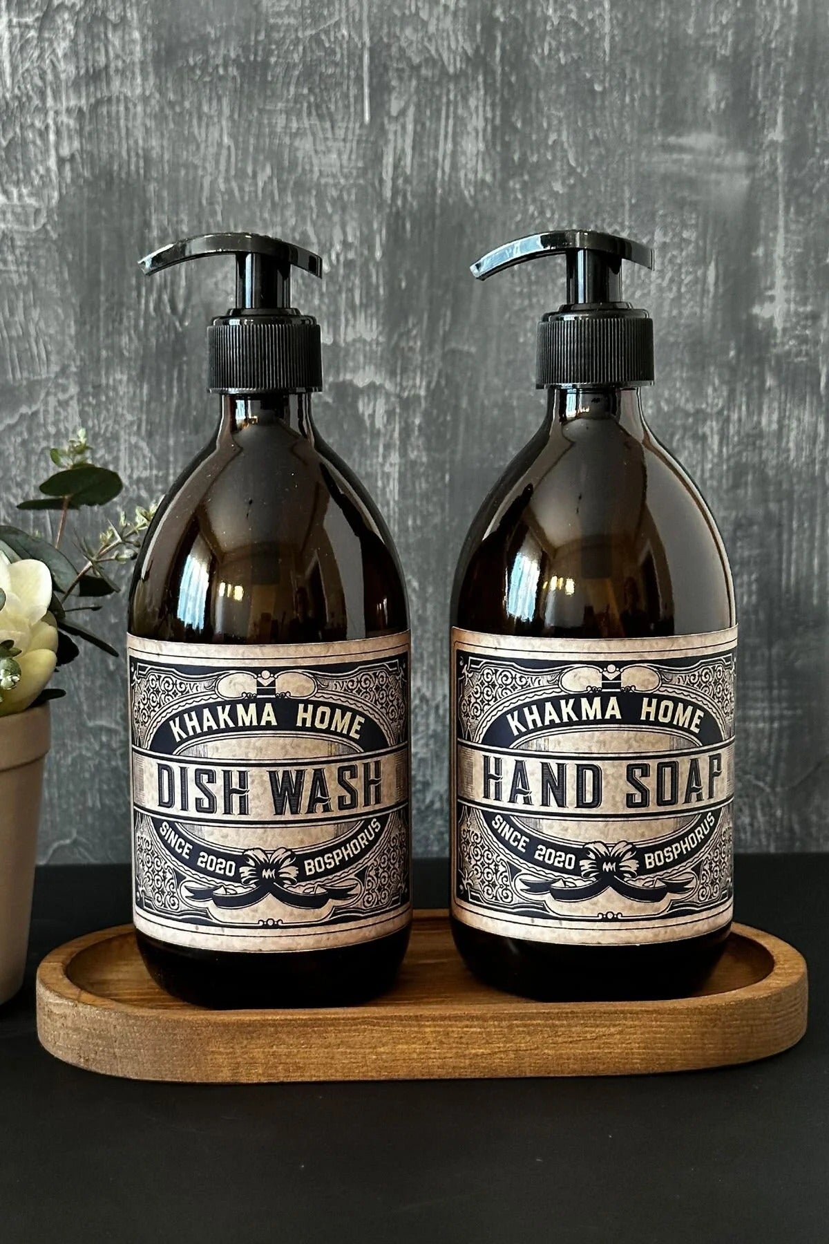 Ahşap Stantlı 500 Ml Amber Renkli 2'li Vintage Cam Sabunluk Seti Vintage1stantlısetsabunluk