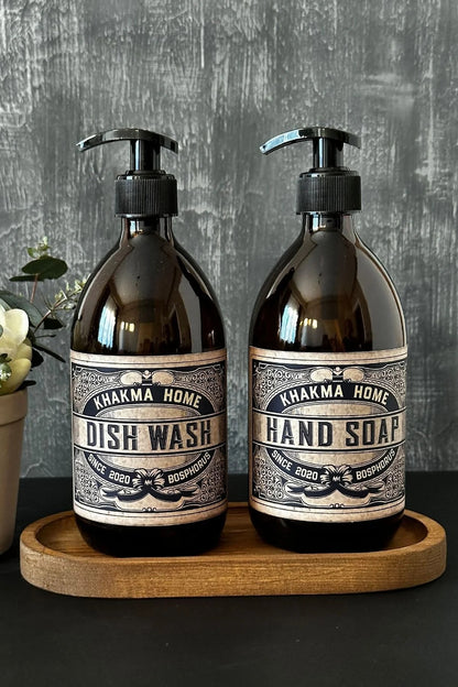 Ahşap Stantlı 500 Ml Amber Renkli 2'li Vintage Cam Sabunluk Seti Vintage1stantlısetsabunluk