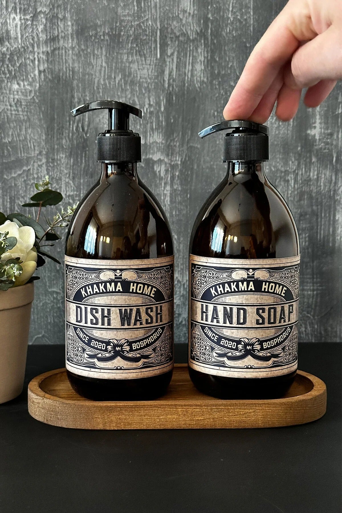 Ahşap Stantlı 500 Ml Amber Renkli 2'li Vintage Cam Sabunluk Seti Vintage1stantlısetsabunluk