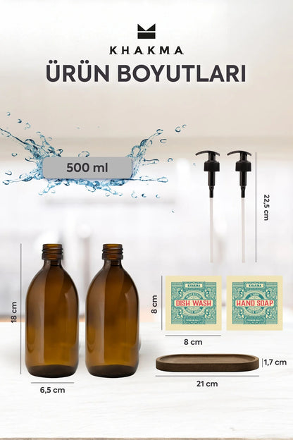 Ahşap Stantlı 500 Ml Amber Renkli 2'li Vintage Cam Sabunluk Seti Vintage2stantlısetsabunluk