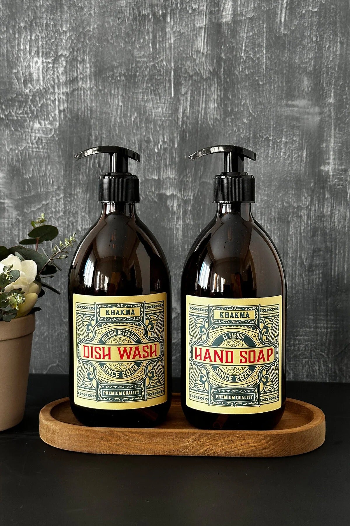 Ahşap Stantlı 500 Ml Amber Renkli 2'li Vintage Cam Sabunluk Seti Vintage2stantlısetsabunluk