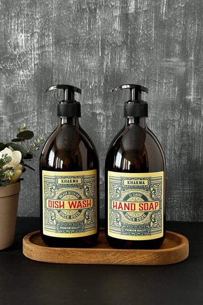 Ahşap Stantlı 500 Ml Amber Renkli 2'li Vintage Cam Sabunluk Seti Vintage2stantlısetsabunluk