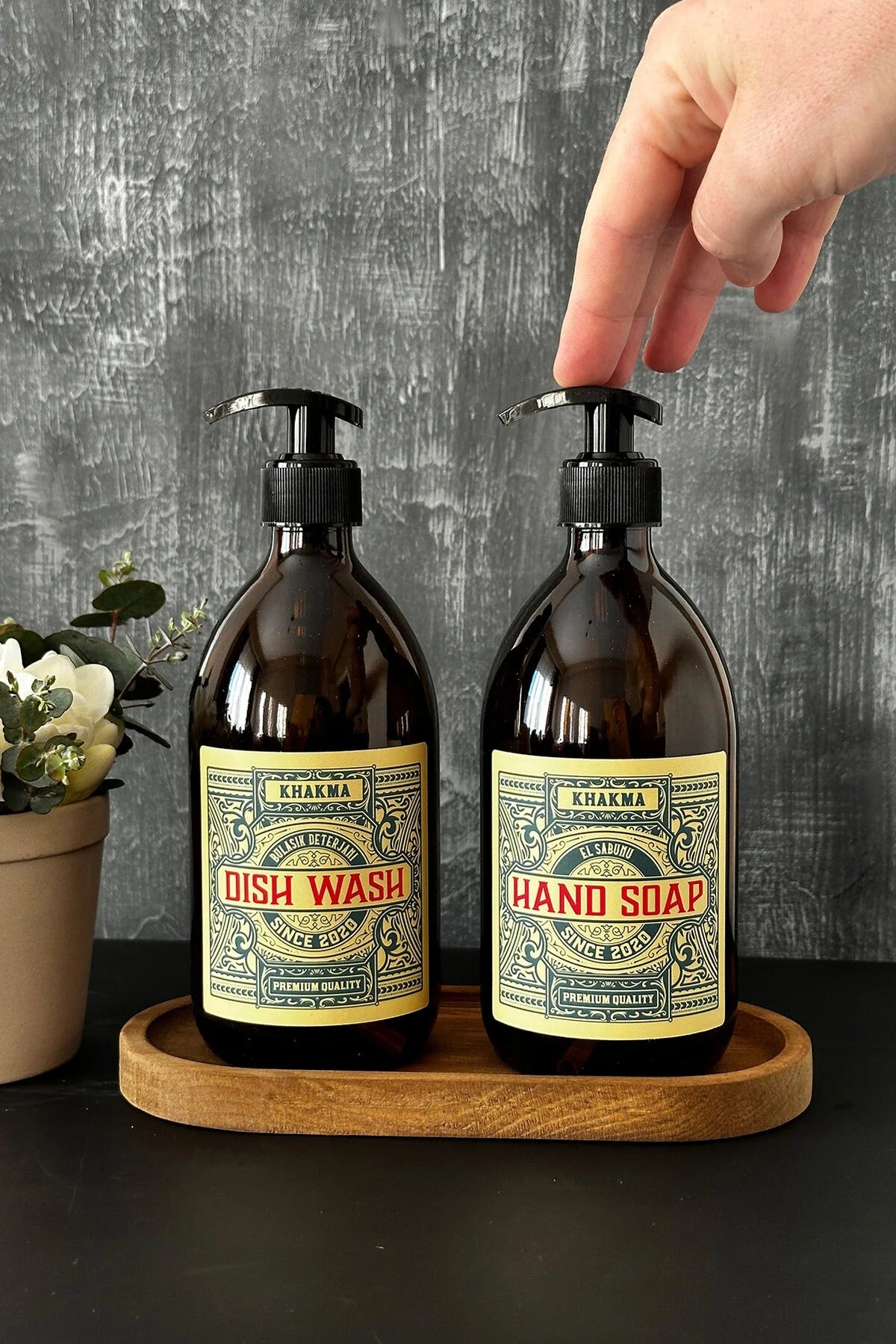 Ahşap Stantlı 500 Ml Amber Renkli 2'li Vintage Cam Sabunluk Seti Vintage2stantlısetsabunluk