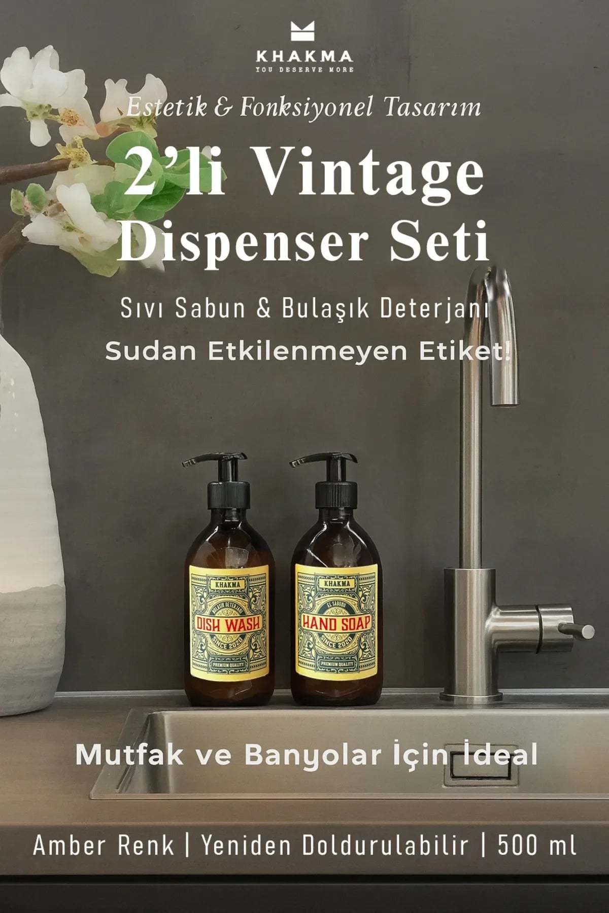 500 ml Amber Renkli 2'li Vintage Cam Sabunluk Seti