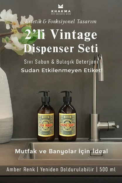 500 ml Amber Renkli 2'li Vintage Cam Sabunluk Seti
