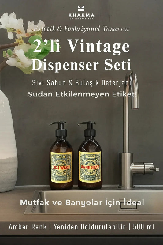 500 ml Amber Renkli 2'li Vintage Cam Sabunluk Seti