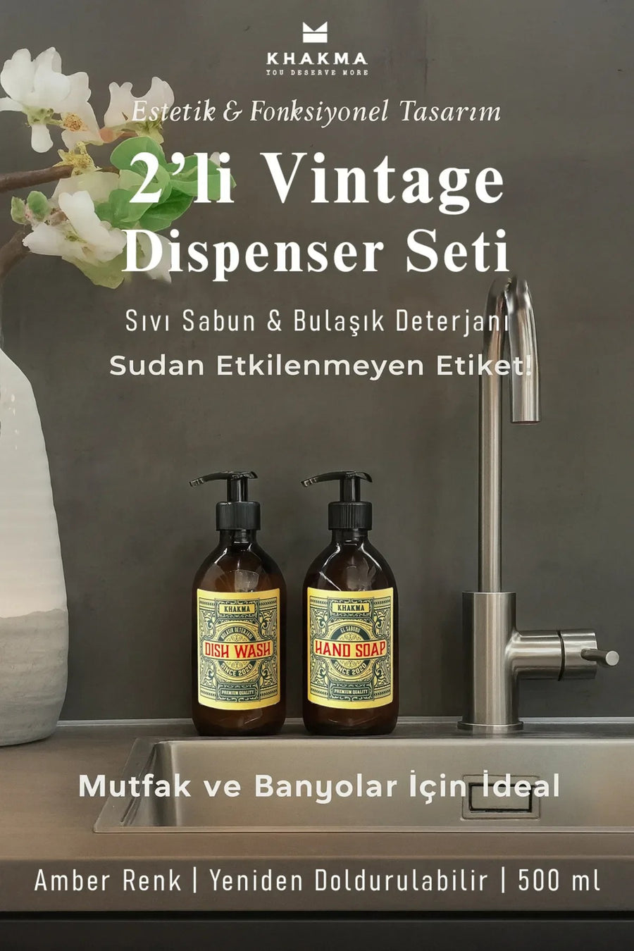 Amber Cam 2'li Sabunluk Seti – 500 ml Vintage Tasarım