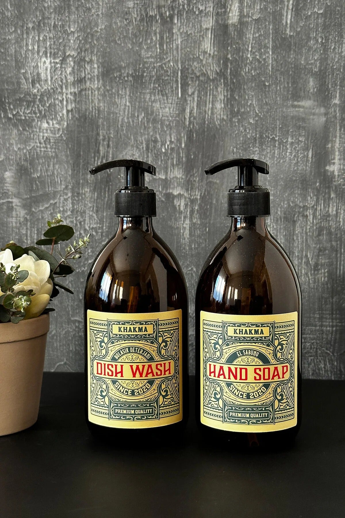 500 ml Amber Renkli 2'li Vintage Cam Sabunluk Seti