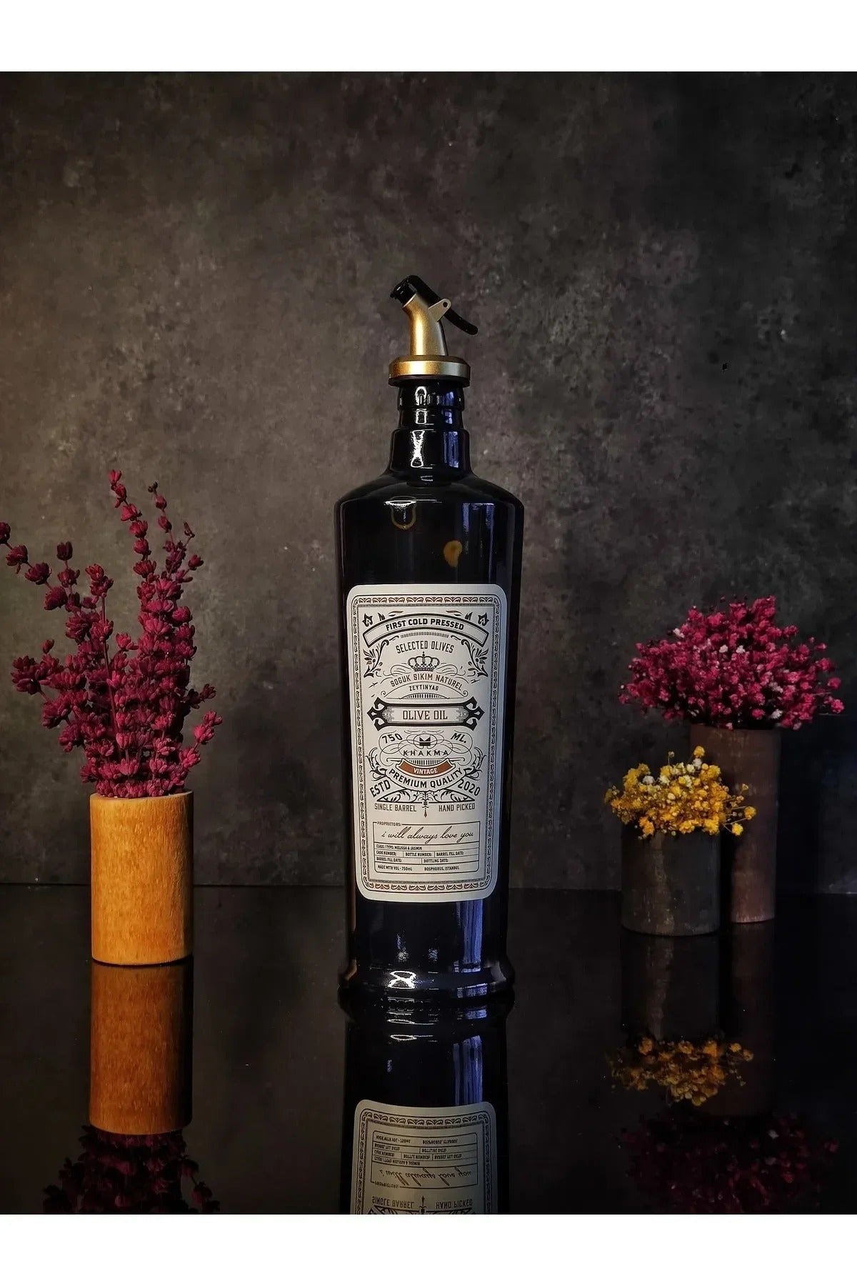 750 Ml Siyah Renkli Italyan Cam Yağdanlık Vintage Yağlık Gold Başlık