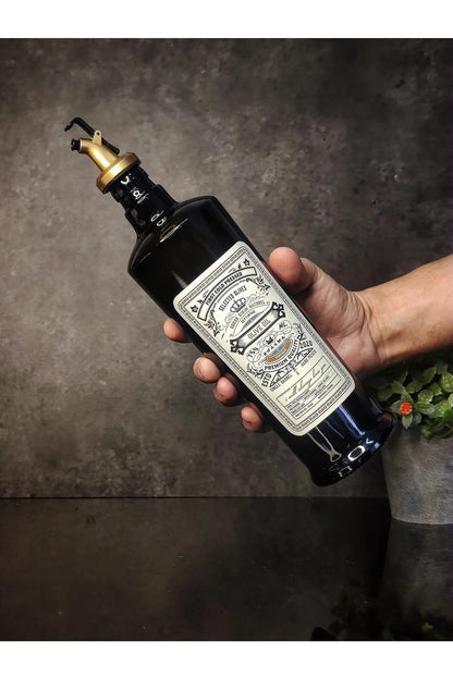 750 Ml Siyah Renkli Italyan Cam Yağdanlık Vintage Yağlık Gold Başlık
